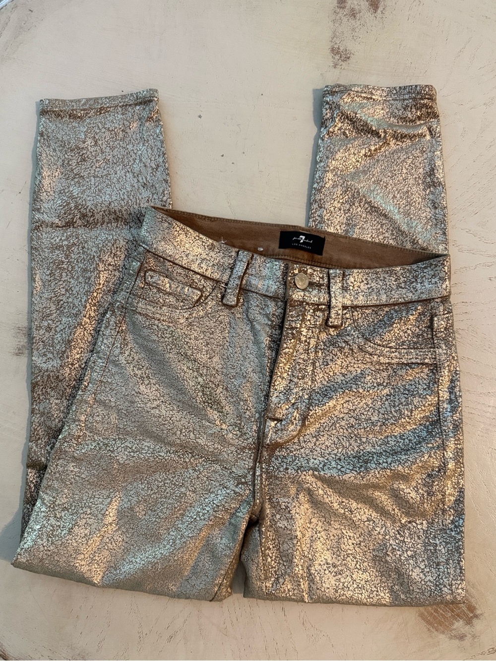 7 For All Mankind Gold Metallic Painted Straight Leg Jeans Sz 25